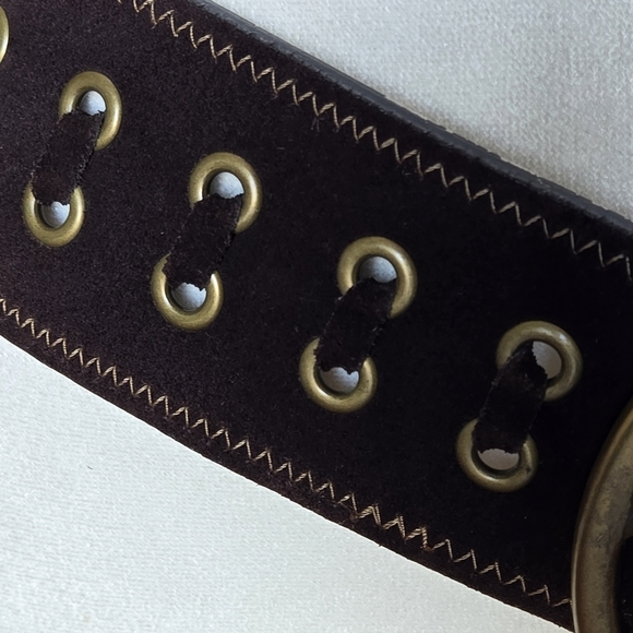 Boho Brown Leather Belt Brass Tone Gromments/Buckle Whipstitch Detailing Size M main image 6